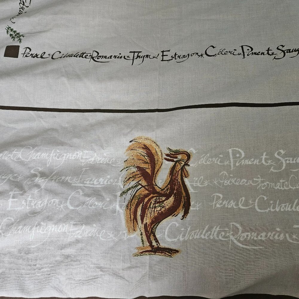 vintage tablecloth with rooster pattern with handwriiten script of herbs &spices